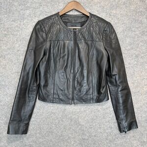 Miss Wu 100% Leather Jacket Womens 6 Quilted Lined Chic Minimalist Racer‎ Black